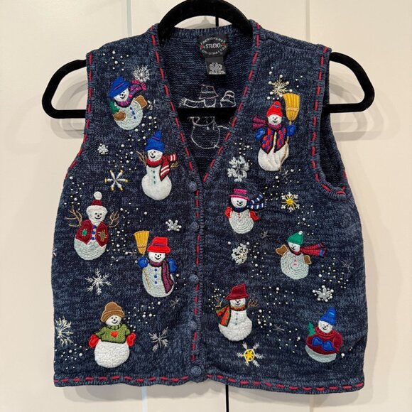 Designers Studio Originals P/S Snowman Knit Vest embroidered ugly christmas swea - Picture 1 of 7